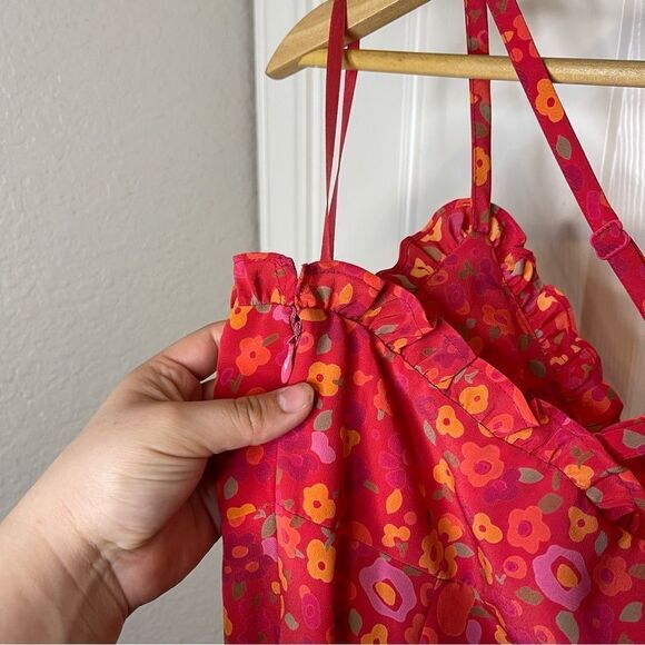 Y2K Express Pink Orange Floral Ruffle Racerback Babydoll Mini Dress Sz 8 Girly - Picture 5 of 6